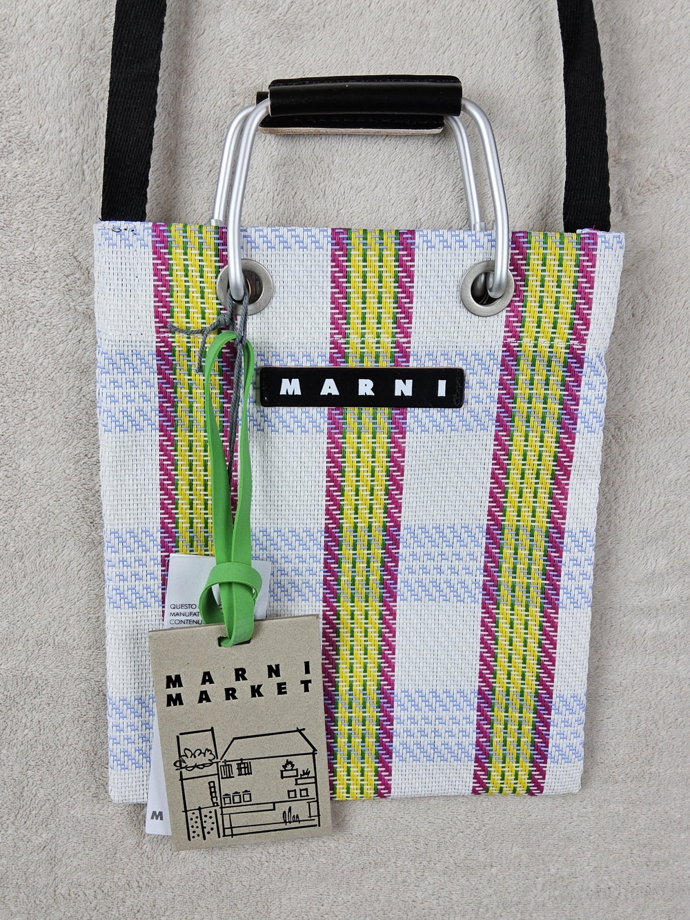 Marni Woven Tote with Yellow & Pink Stripes Leather Handles